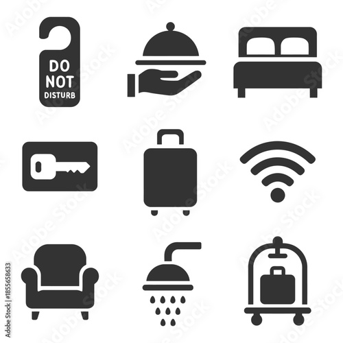 Hotel icon set featuring do not disturb room service and key symbols.