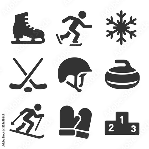 Winter sports icons: skating, skiing, snowflakes, and more.