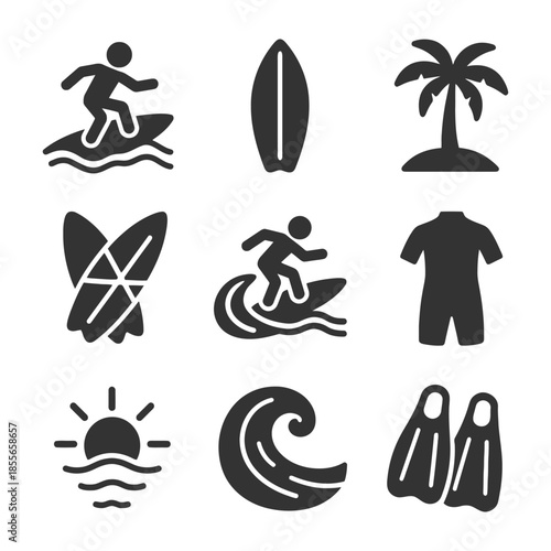 Surfing icons set: surfboard, surfer, wave, palm, wetsuit, flippers, sunset.