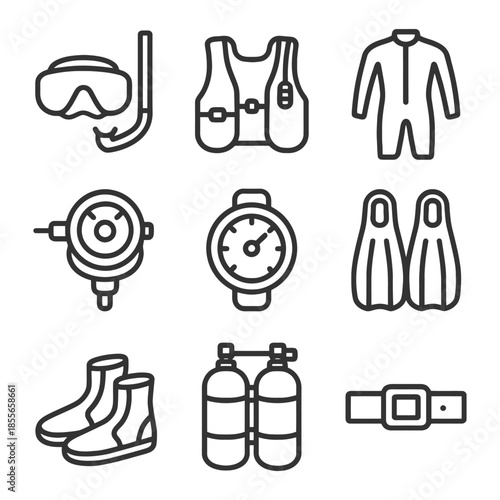 Essential scuba diving gear icons for safe underwater exploration.