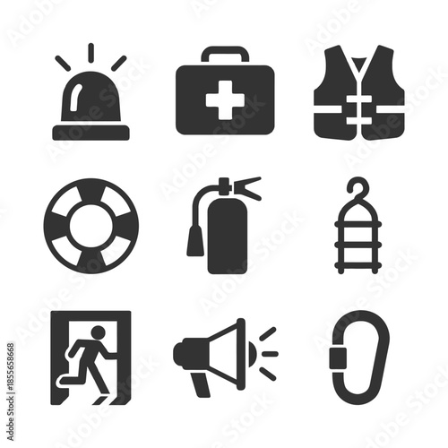 Emergency and safety equipment icons: siren, first aid, life vest, lifebuoy.