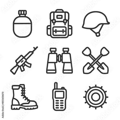 Military equipment icons: helmet, backpack, radio, binoculars, boots.