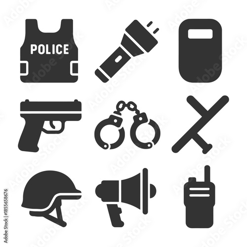 Police equipment icons: vest, flashlight, shield, gun, handcuffs, baton, helmet, megaphone, radio.