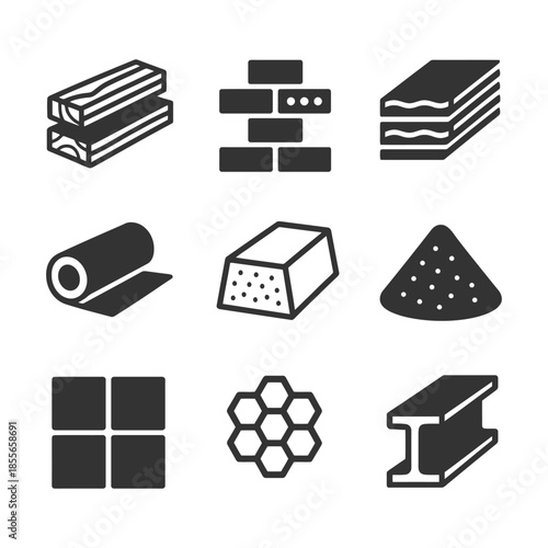 Construction materials icons collection: wood, brick, steel, tile, honeycomb, concrete, sand.
