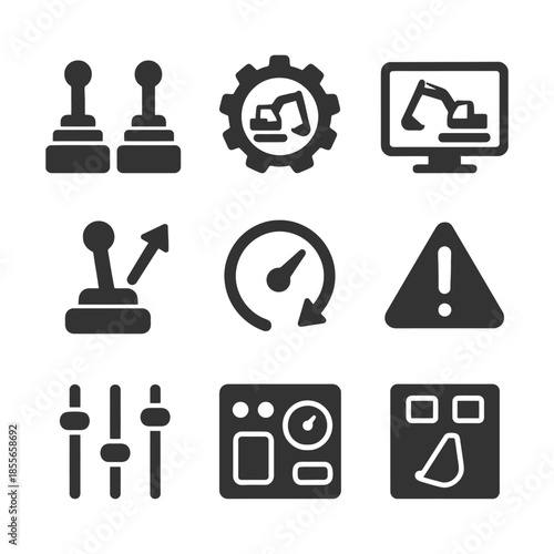 Construction control icons including joystick, gear, monitor, and warning symbols.