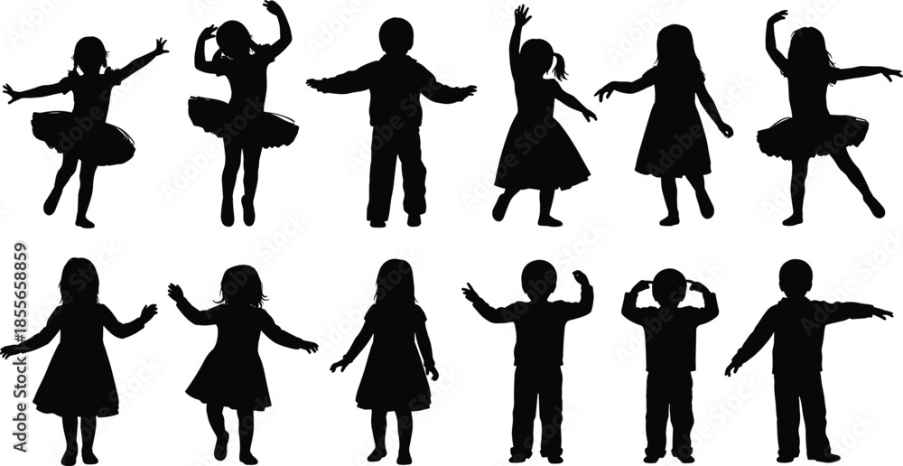 Fototapeta premium Child dancer silhouette illustration set, ballet and expressive poses, tutus, movement gestures, black vector icons, isolated