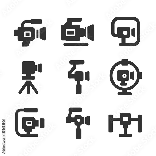 Camera icon set: tripod, gimbal, drone designs in black.