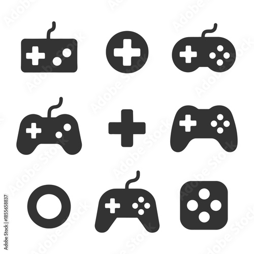 Collection of various game controllers and icons in black silhouette style.