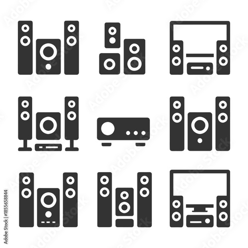Set of nine black audio speaker system icons for home entertainment.