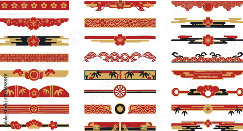 Traditional Japanese Decorative Border Patterns with Red and Gold Floral Dividers Set.