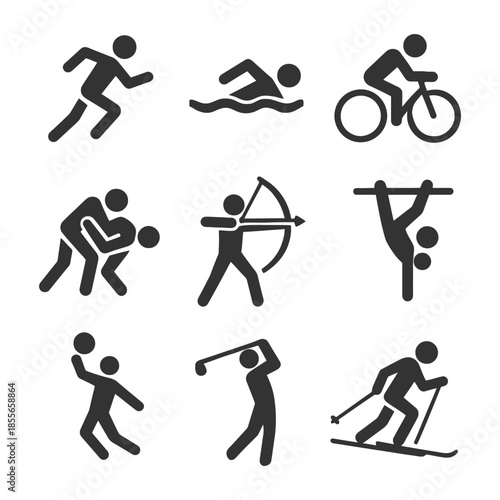 Icon set of sport activities showing running, swimming, cycling, and more.