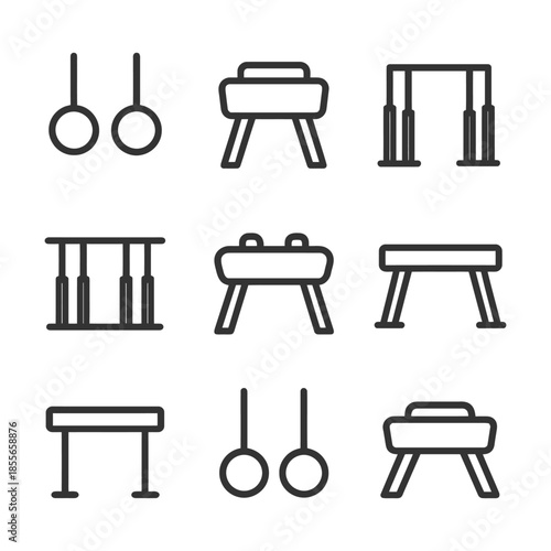Black and white gymnastics icon set featuring rings, pommel horse, and parallel bars.