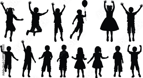 Children silhouette illustration set, playful poses, jumping, walking, balloon, dress, expressive stances, black vector icons, isolated