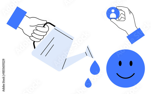 Growth concept. Growth ed by a watering can, a happy face, and a user icon signifying nurturing ideas and relationships. Growth in business, goals, positive outcomes, human connection. Suitable