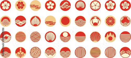 Traditional Japanese Circular Motifs Set with Seigaiha Waves, Sakura Flowers and Oriental Emblems.