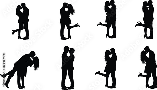 Couple kissing silhouette illustration set, romantic poses, emotional embrace, love theme, black vector icons, isolated