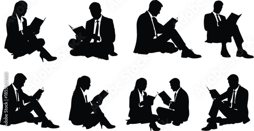 Business attire reading silhouette set, seated poses, men and women, book study, black vector icons, isolated