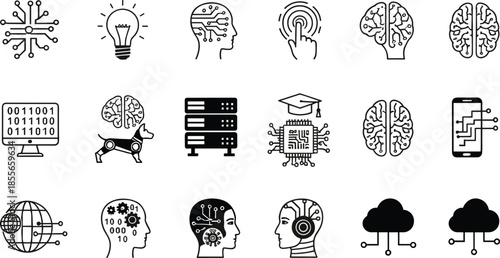 Artificial intelligence and technology outline icon vector set with brain, neural network, cloud computing, robotics, and data processing symbols for digital innovation concepts