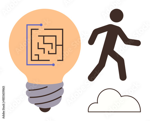 Light bulb with maze inside signifying ideas and solutions, person walking over a cloud symbolizing progress and innovation. Ideal for creativity, innovation, problem-solving, growth, ambition