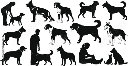 Dog and human silhouette illustration, pet interaction poses, walking, sitting, training, black vector icons, isolated