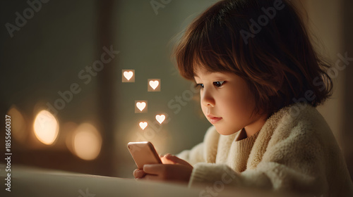 Little girl using smartphone with glowing heart icons at night, child and social media concept