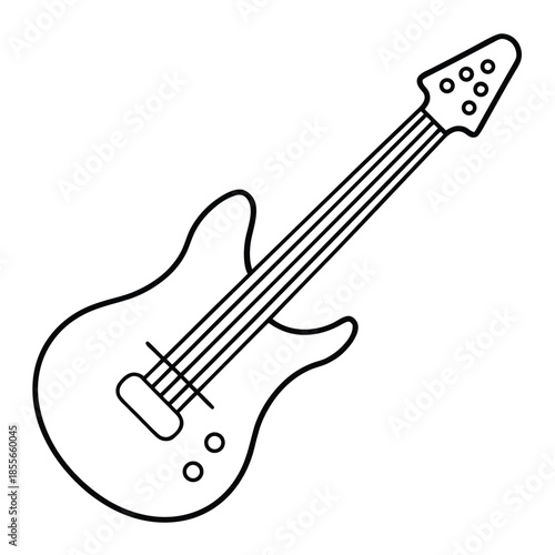 A simple line drawing of an electric bass guitar is displayed against a white background.