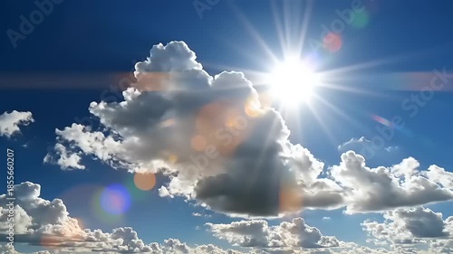Bright Sun Shining Through Fluffy Clouds on a Clear Blue Sky.