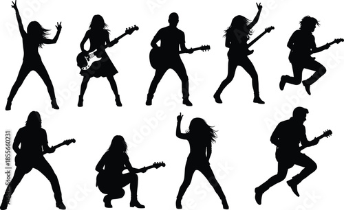 Electric guitar performer silhouette set, dynamic concert poses, jumping, crouching, standing, black vector icons, isolated