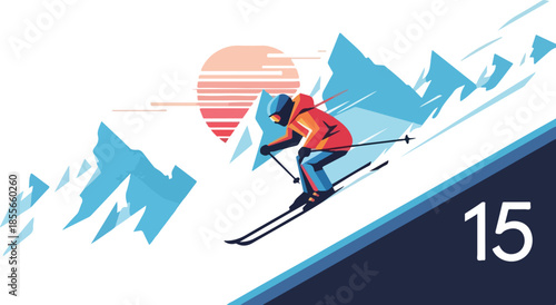 Dynamic illustration of a skier descending a snowy mountain slope with a retro sun in the background.