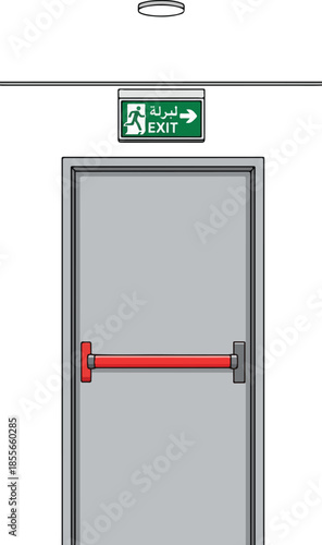 Emergency exit door with a green exit sign above it featuring Arabic text and an arrow pointing right on a white wall.