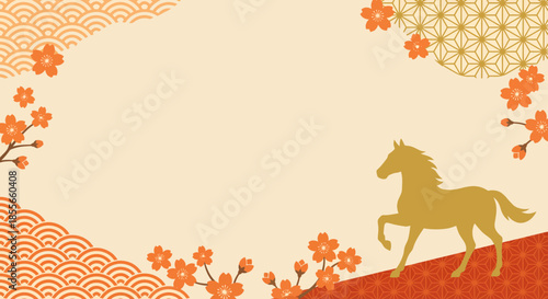 Stylized beige background with an orange floral border and a galloping horse silhouette on a hillside