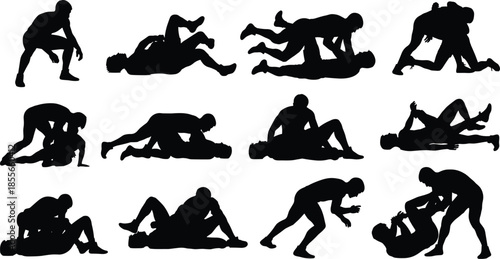 Grappling silhouette illustration set, martial arts techniques, wrestling and jiu-jitsu poses, combat stances, black vector icons, isolated