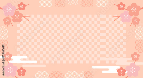 Soft peach floral frame with decorative borders and checkerboard center, ideal for invitations, banners, and spring-themed designs