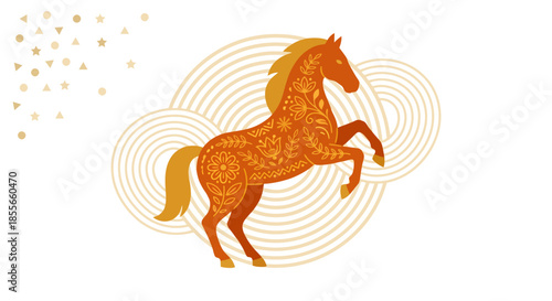 Stylized orange horse illustration with decorative circular patterns and starry accents