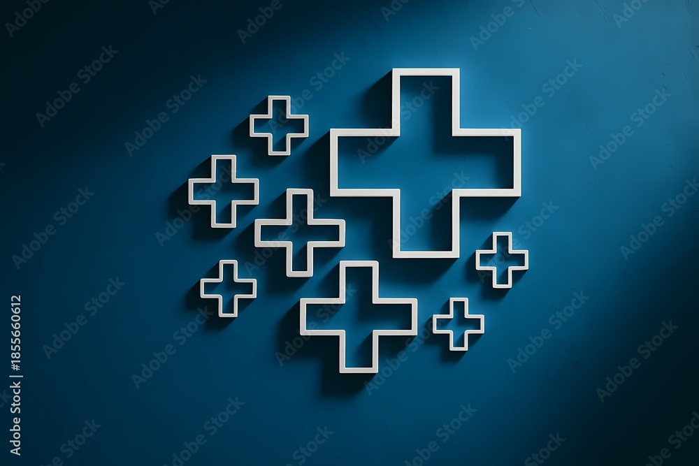 Obraz premium Abstract Plus Signs on Blue Background with Shadows Creating a Modern Aesthetic