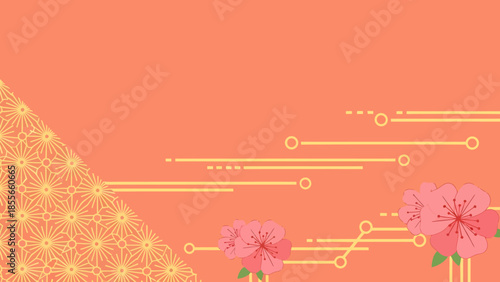 Tropical pink hibiscus flowers with circuit-inspired lines on a warm orange gradient background, blending nature and technology