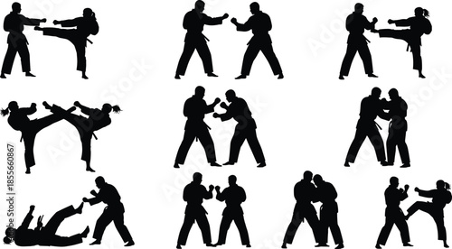 Martial arts pair silhouette set, self-defense techniques, kicking, grappling, punching, uniforms and belts, black vector icons, isolated