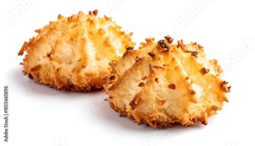 Two golden-brown coconut macaroons sit close together on a plain white background