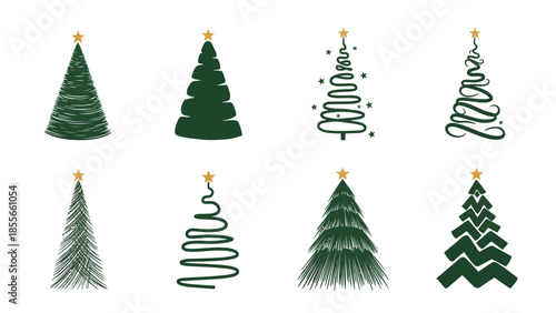 Six diverse Christmas trees in varying styles, featuring classic green evergreens, stylized spiral trees, and minimalist designs with star toppers