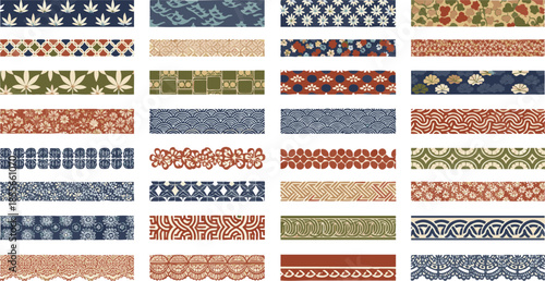 Traditional Japanese Patterned Borders Set with Washi Tape Designs and Oriental Textile Motifs