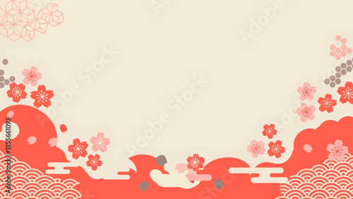 Decorative red floral waves with koi fish border on a beige background, traditional Asian ornamental pattern for design, print, and decor projects