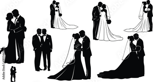 Romantic couple silhouette illustration set, wedding poses, bridal gowns, tuxedos, same-sex couple, black vector icons, isolated