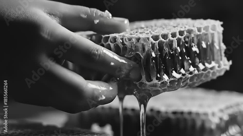 Close up of a hand holding a dripping honeycomb with golden honey.