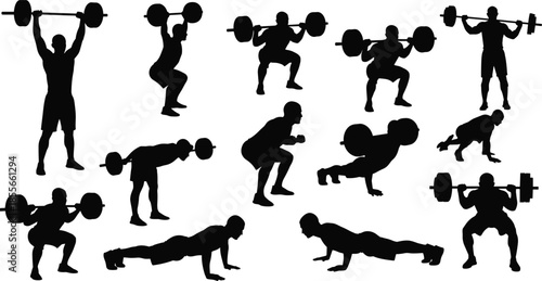 Strength training silhouette illustration set, barbell lifts, squats, deadlifts, push-ups, lunges, black vector icons, isolated