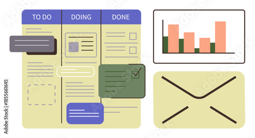 Kanban-style task board visually tracking tasks, progress and completion. Includes bar chart and envelope for data analysis, productivity, and communication. Ideal for organization, planning, project
