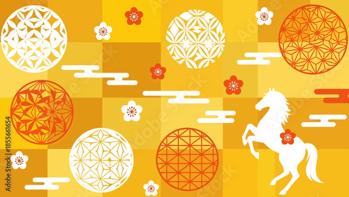 Stylized white horse silhouette among orange geometric mandala circles and cloud motifs on a vibrant yellow-orange background