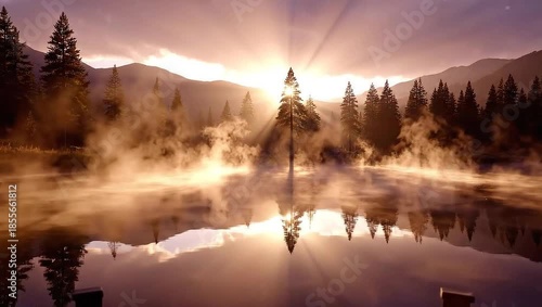 Misty Morning Lake Sunrise with Forest and Mountains.
