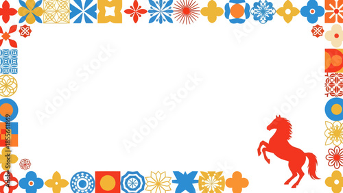 Decorative colorful floral border frame featuring a red horse and rider silhouette around a white center