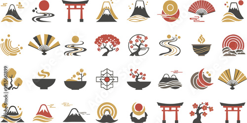 Traditional Japanese Zen Icons Set featuring Mount Fuji, Torii Gates and Oriental Nature Motifs.