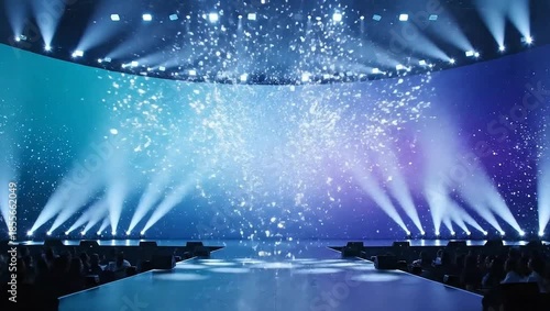 Fashion show stage with bright spotlights and sparkling effects.